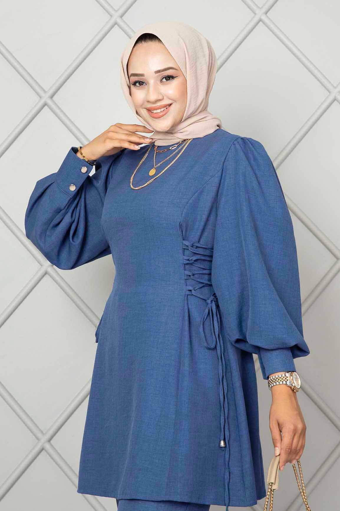 Yanları Bağlamalı  Tunik Takım Mavi