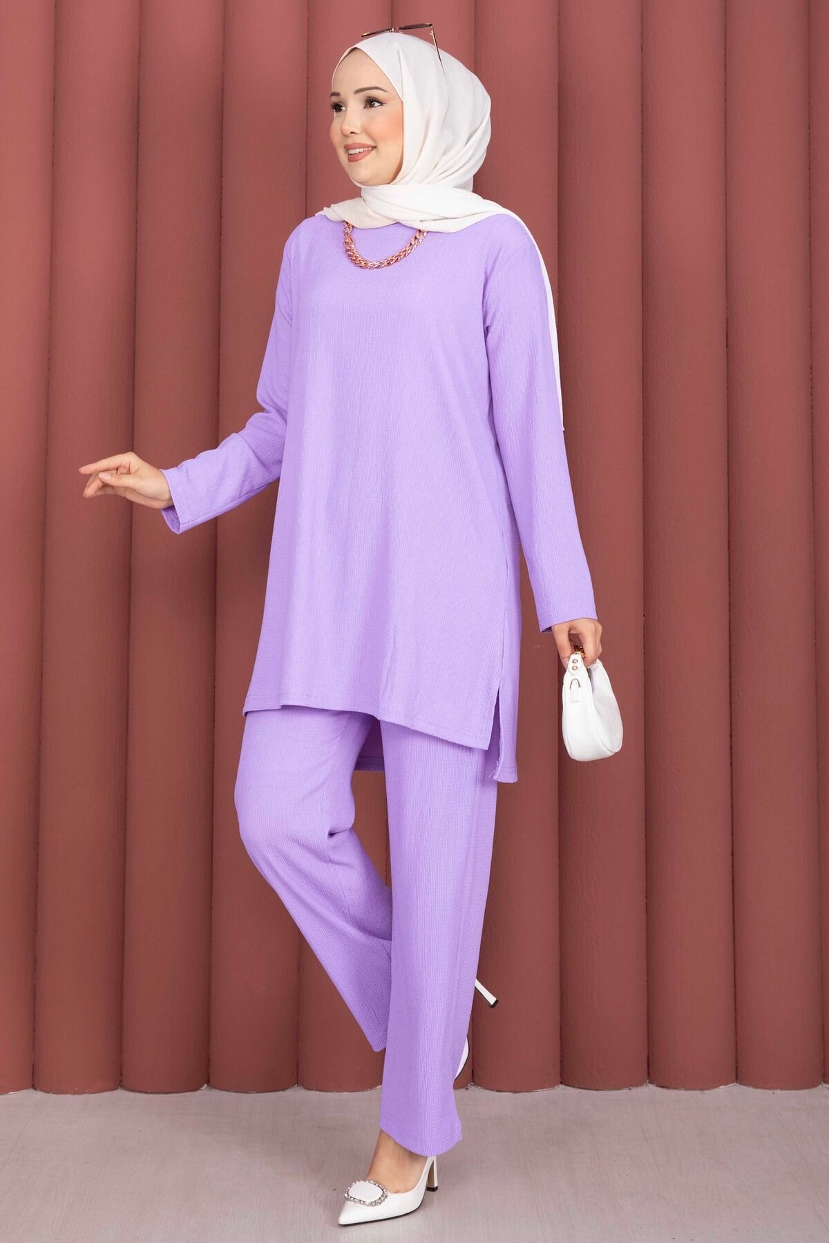 Yanları Yırtmaçlı Tunik Pantolon Takım Lila