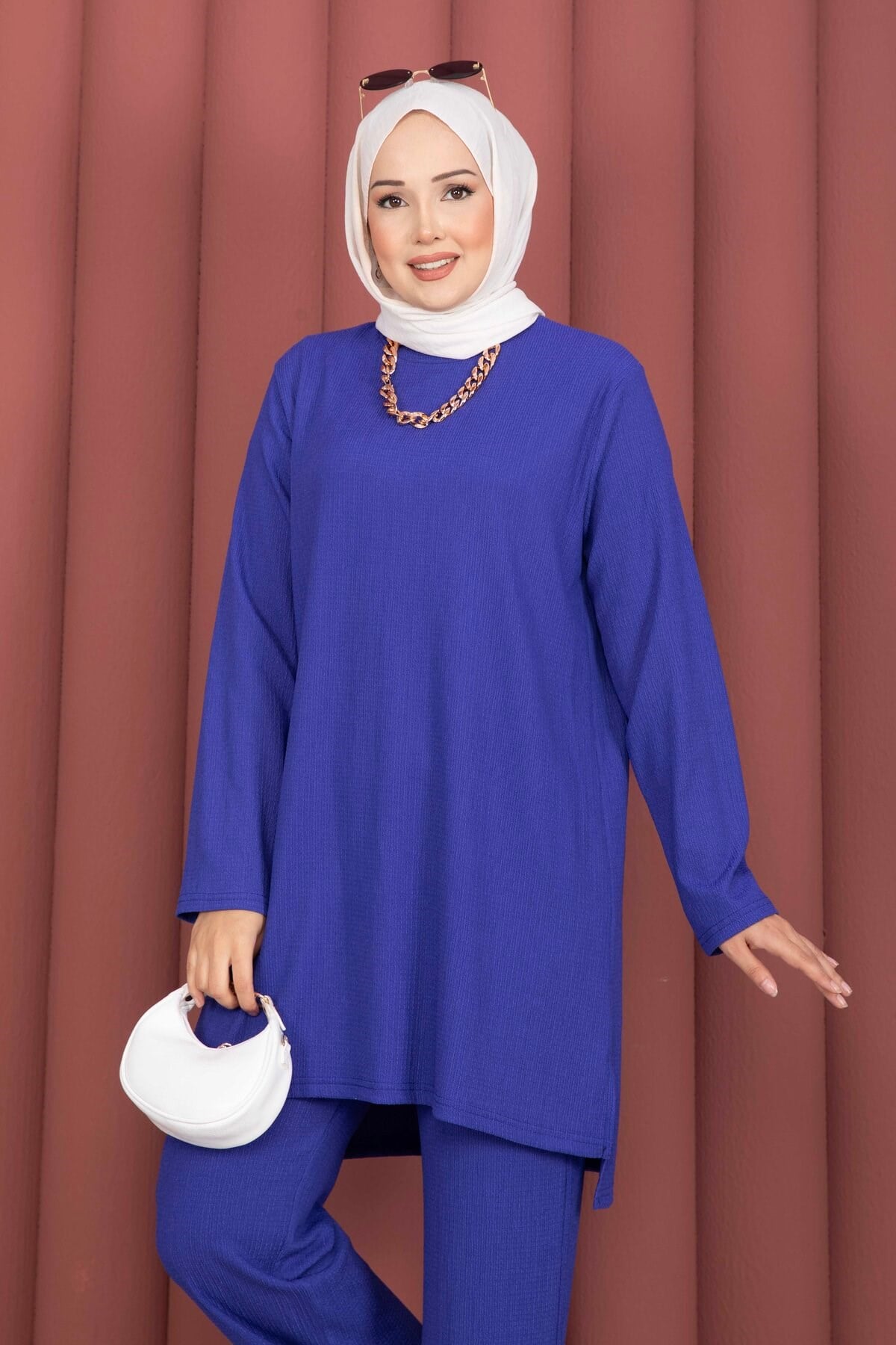 Yanları Yırtmaçlı Tunik Pantolon Takım Saks