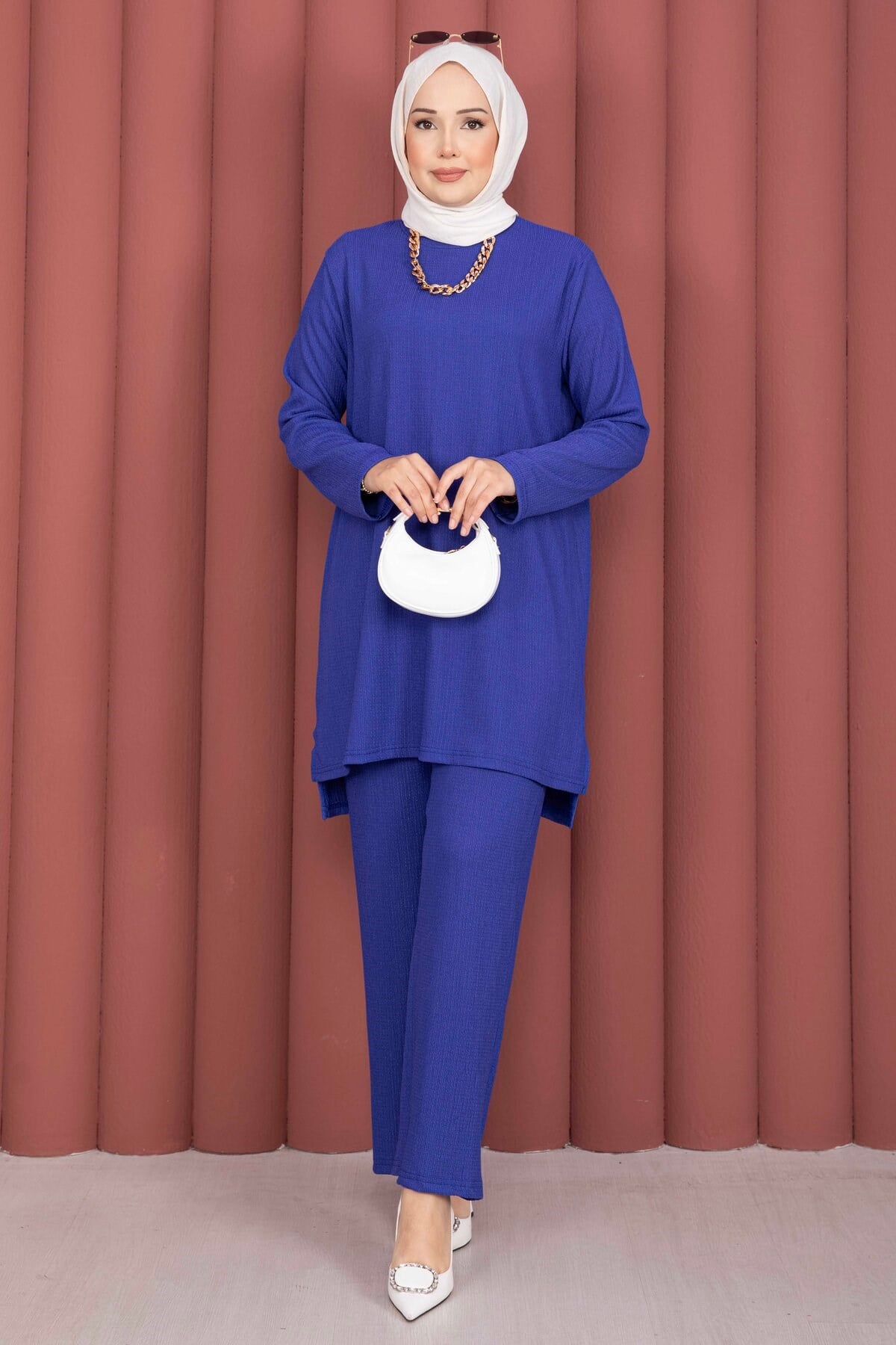 Yanları Yırtmaçlı Tunik Pantolon Takım Saks