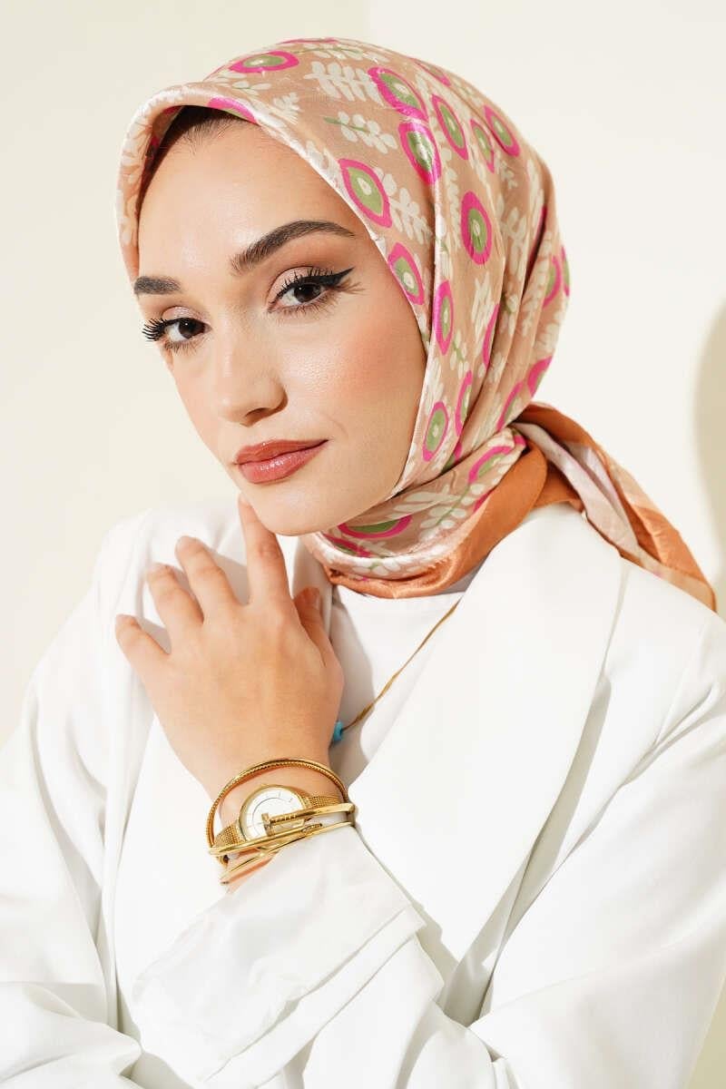 Yaprak Desenli Bambu Eşarp Camel
