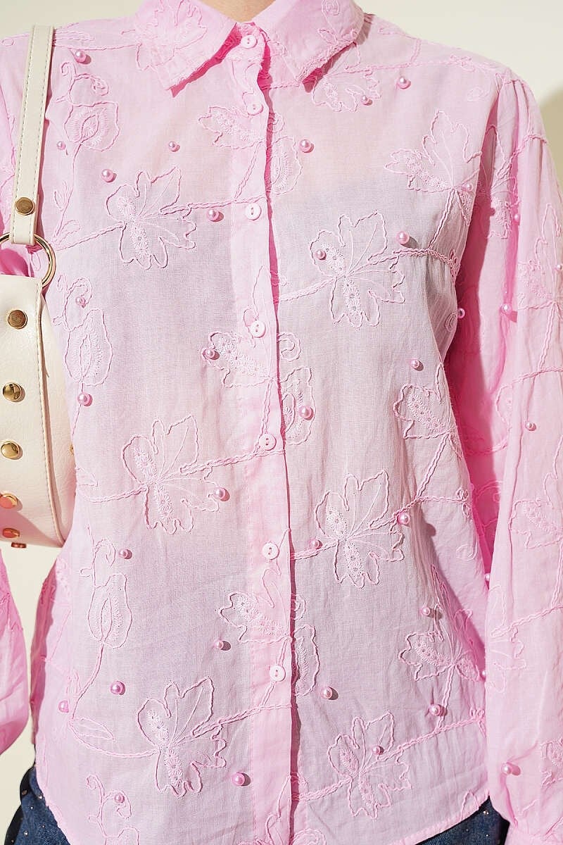 Yaprak Nakışlı İncili Gömlek Pembe