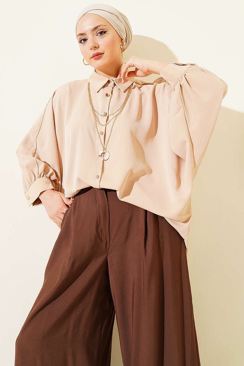 Yarasa Kol Kolyeli Oversize Gömlek Camel