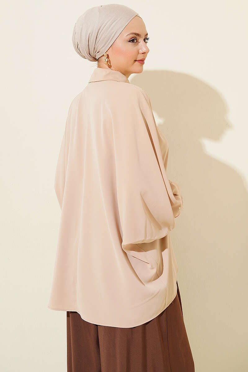 Yarasa Kol Kolyeli Oversize Gömlek Camel
