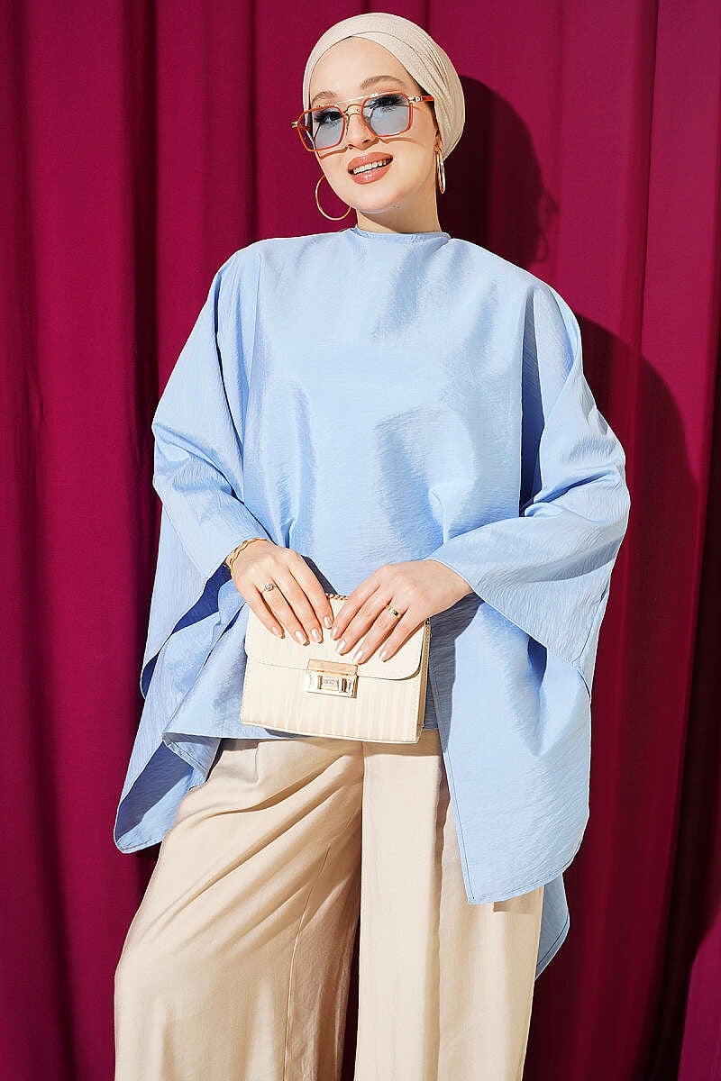 Yarasa Kol Oversize Bluz Mavi