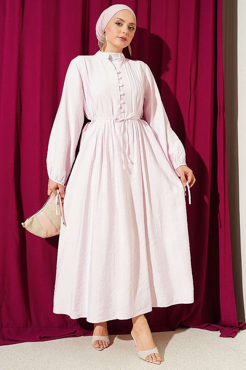 Yarım Brit Düğmeli Nervürlü Elbise Pembe