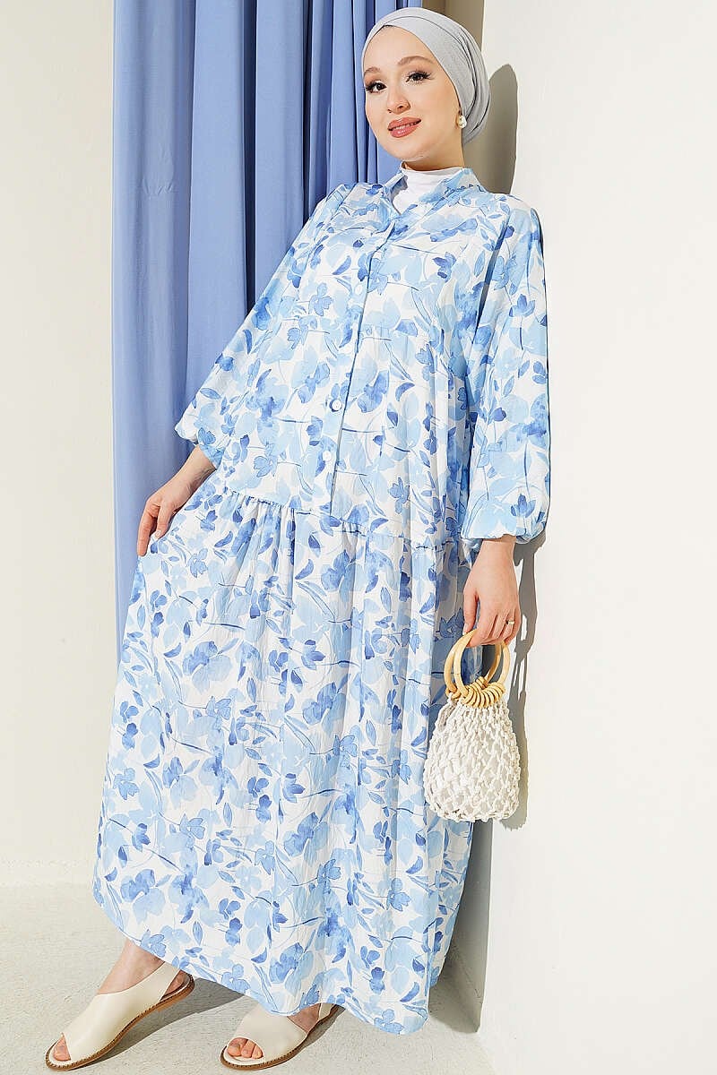 Yarım Düğmeli Ebruli Desenli Elbise Mavi