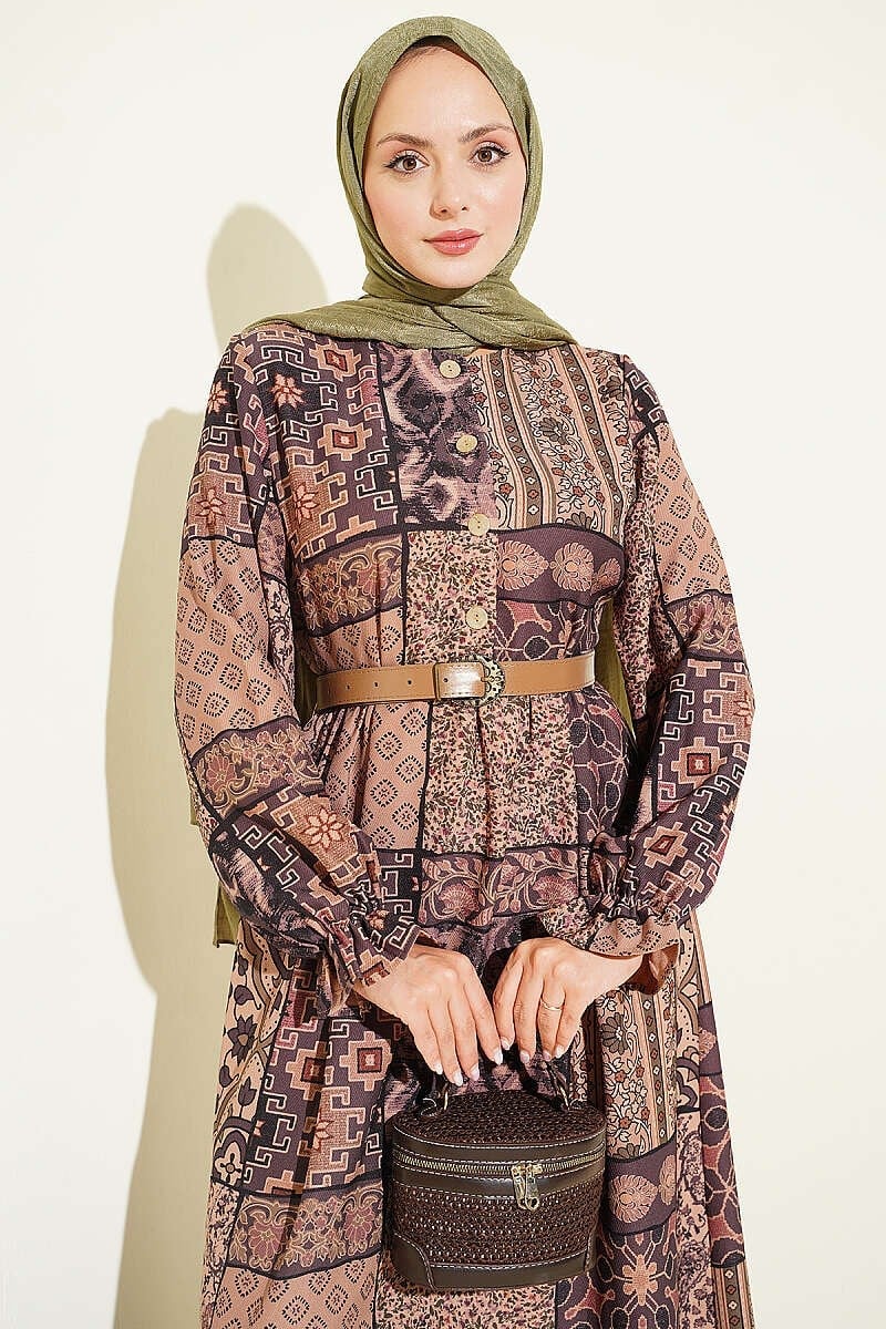 Yarım Düğmeli Otantik Desenli Elbise Camel
