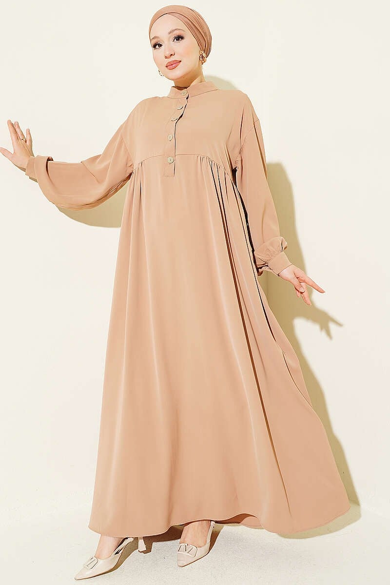 Yarım Düğmeli Oversize Elbise Latte