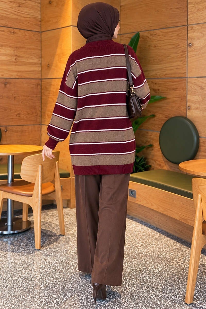 Yatay Çizgili Ribanalı Triko Tunik Bordo