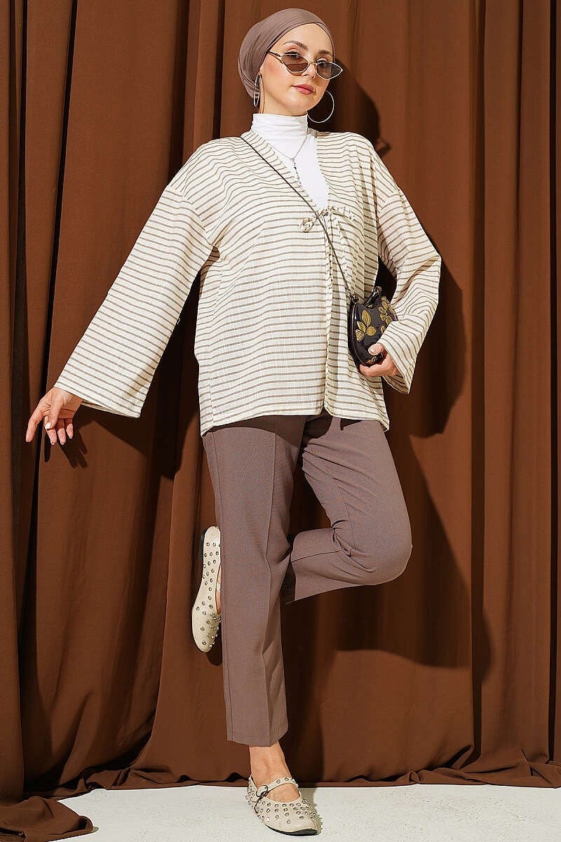 Yatay Çizili Bağcıklı Kimono Kahve