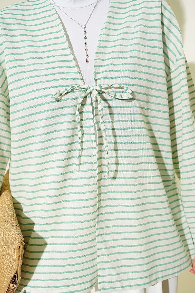 Yatay Çizili Bağcıklı Kimono Yeşil