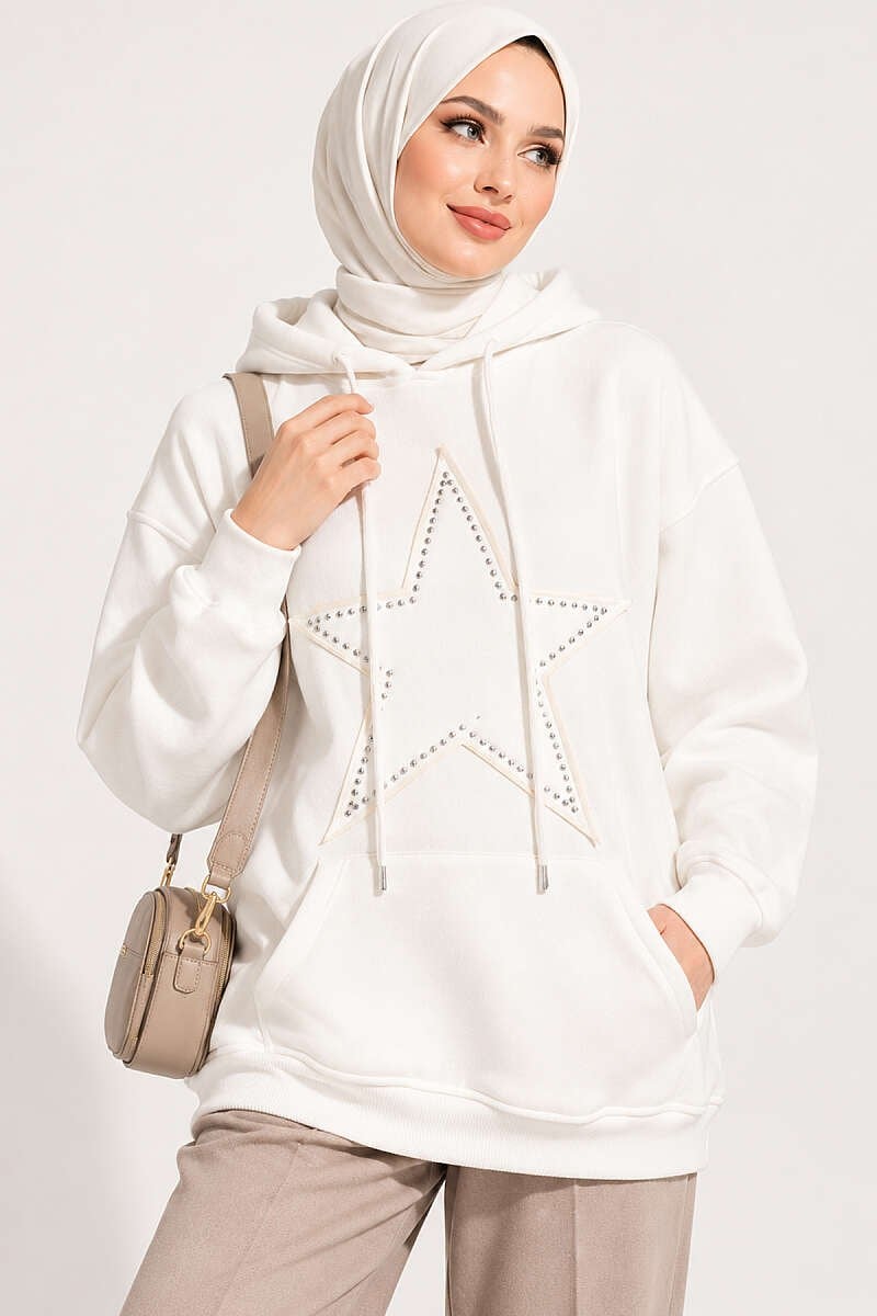 Yıldız Armalı Üç İplik Sweatshirt Ekru