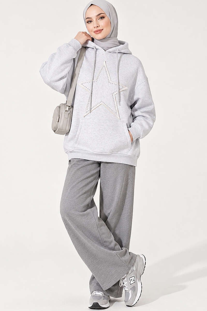Yıldız Armalı Üç İplik Sweatshirt Gri
