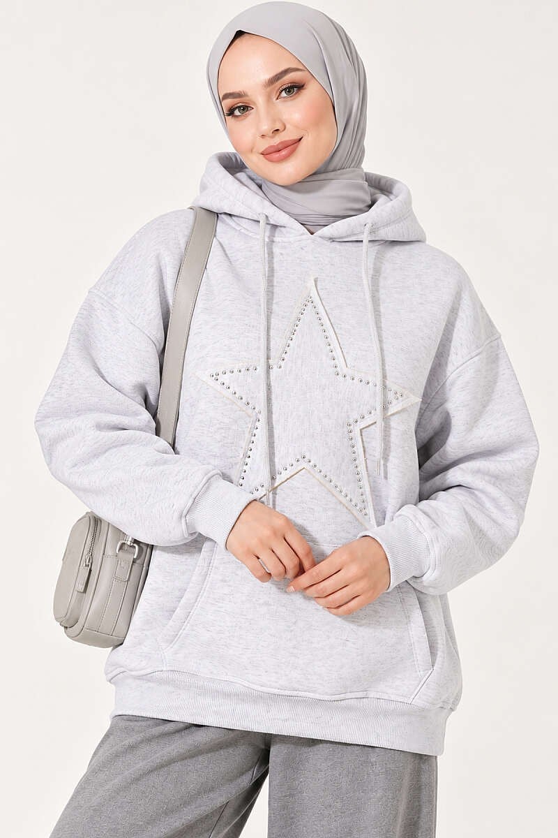 Yıldız Armalı Üç İplik Sweatshirt Gri