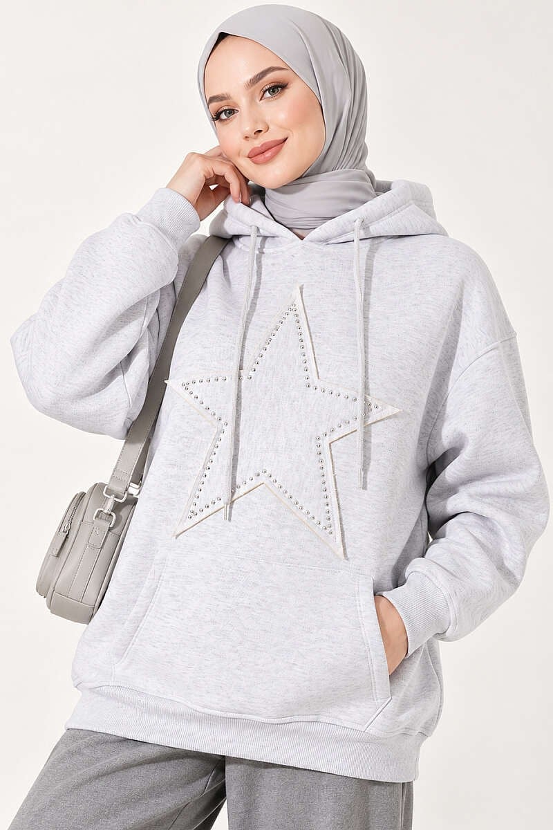 Yıldız Armalı Üç İplik Sweatshirt Gri