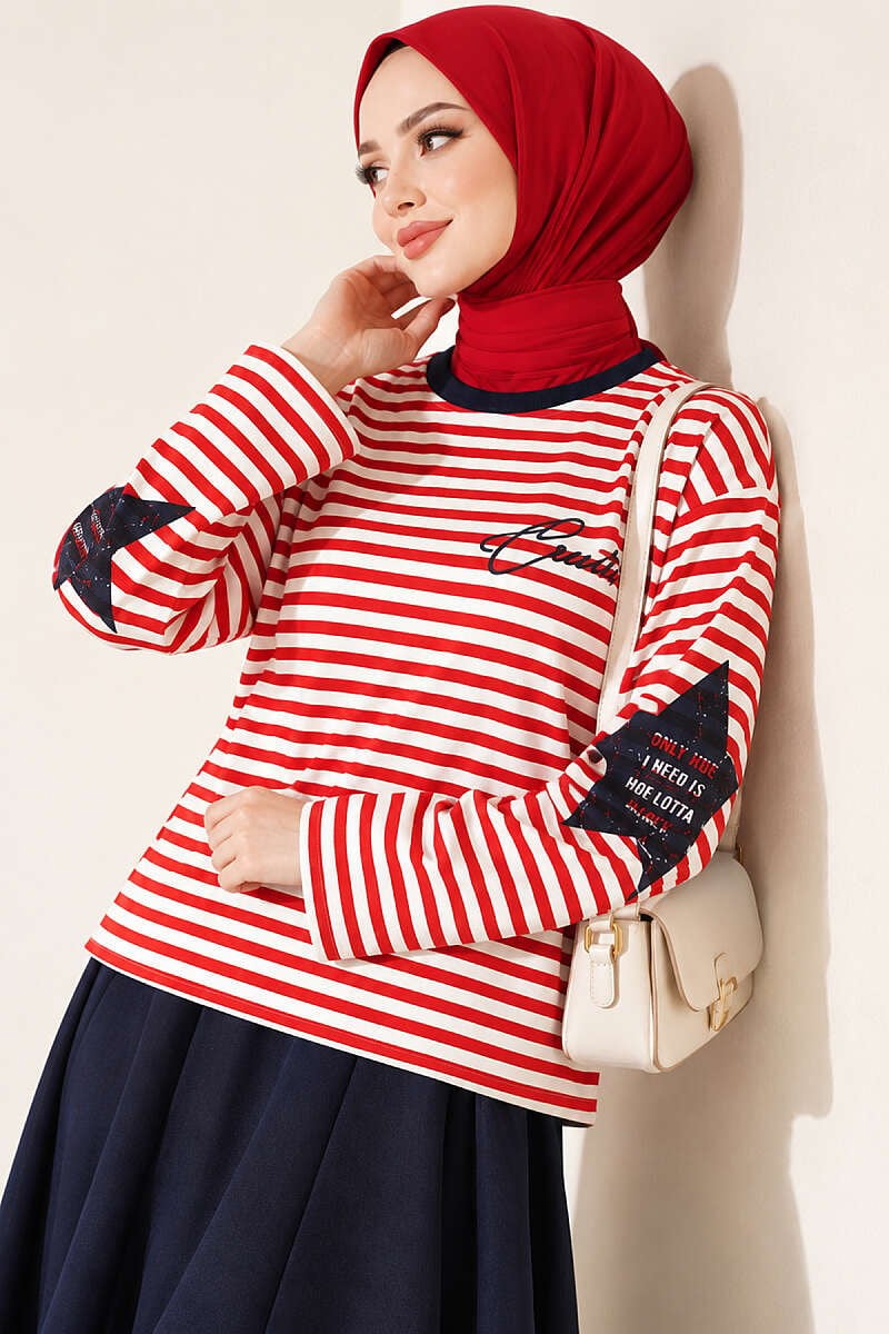 Yıldız Baskılı Çizgi Sweatshirt Kırmızı