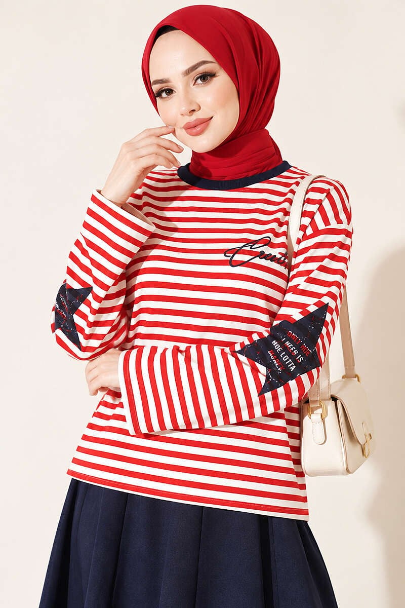 Yıldız Baskılı Çizgi Sweatshirt Kırmızı