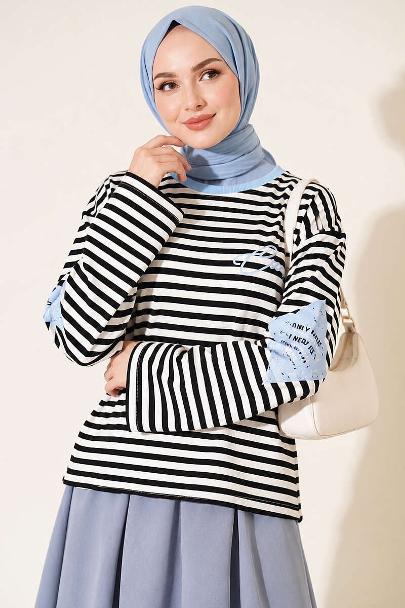 Yıldız Baskılı Çizgi Sweatshirt Mavi