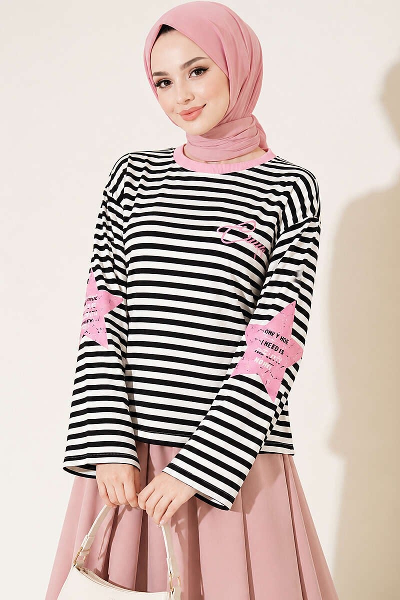 Yıldız Baskılı Çizgi Sweatshirt Pembe