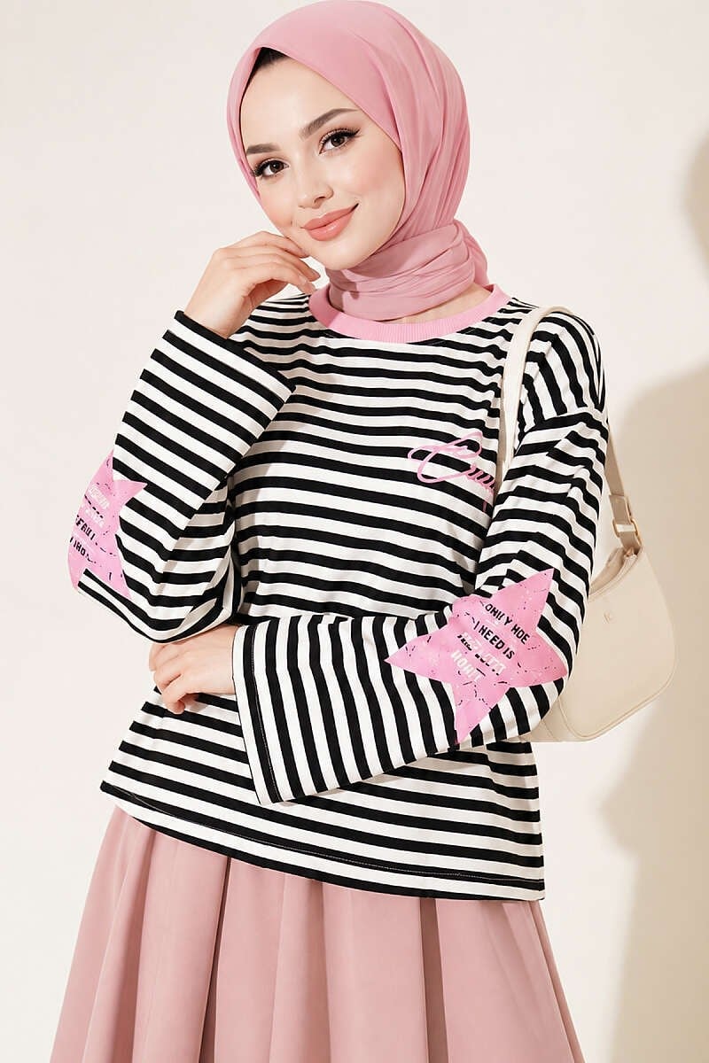 Yıldız Baskılı Çizgi Sweatshirt Pembe