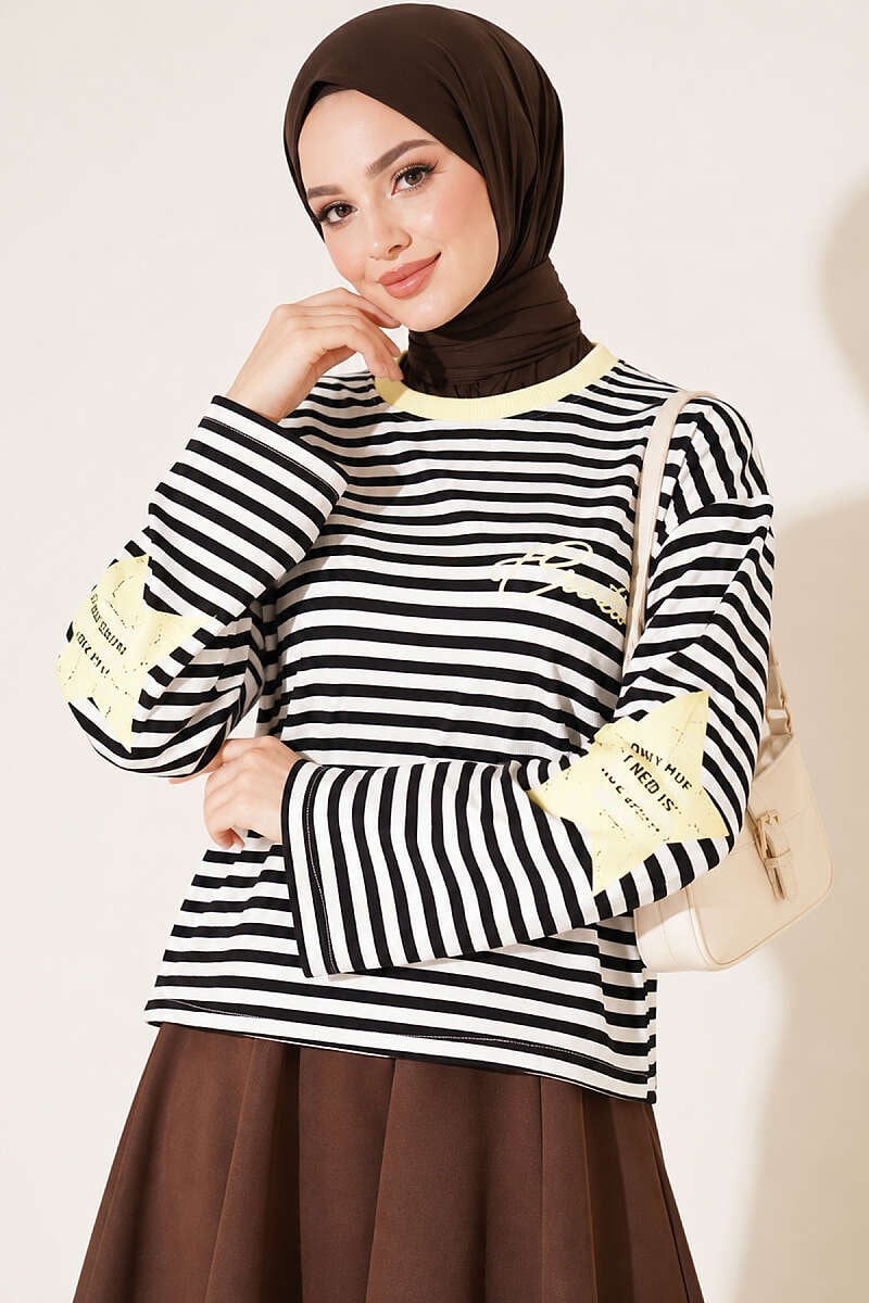 Yıldız Baskılı Çizgi Sweatshirt Sarı