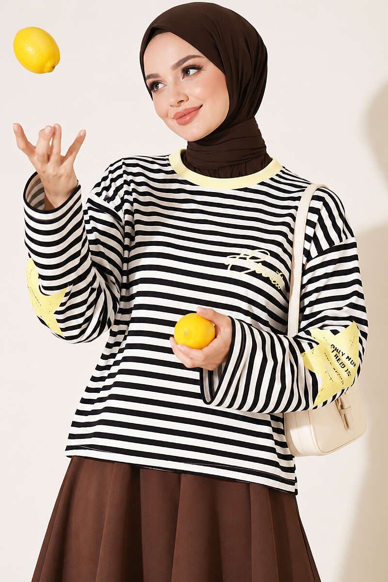 Yıldız Baskılı Çizgi Sweatshirt Sarı