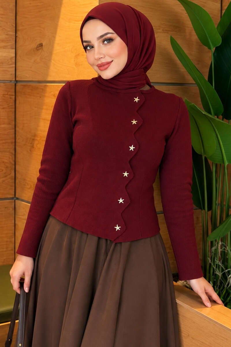 Yıldız Düğmeli Triko Hırka Bordo