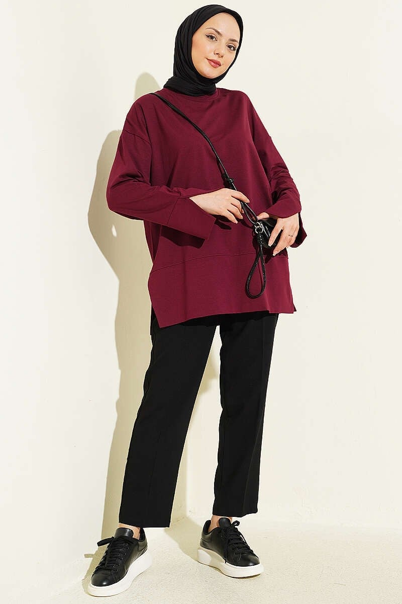 Yırtmaç Detaylı Basic Tunik Bordo