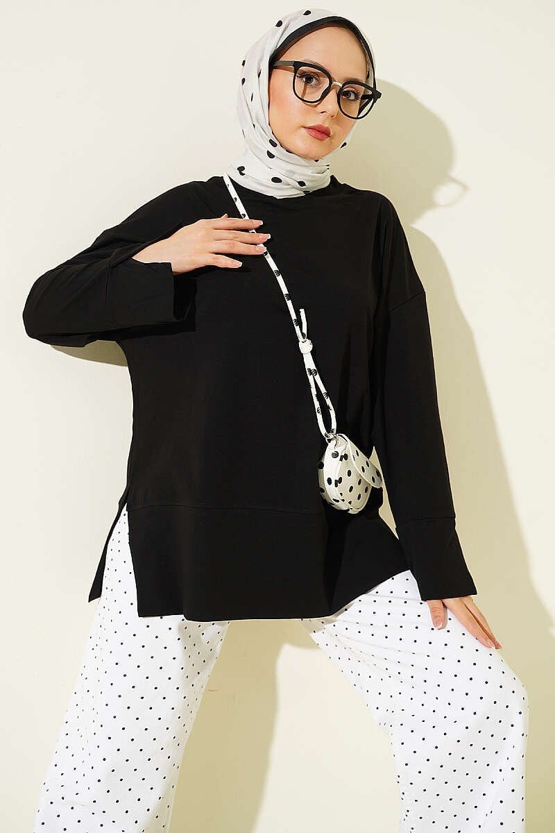 Yırtmaç Detaylı Basic Tunik Siyah