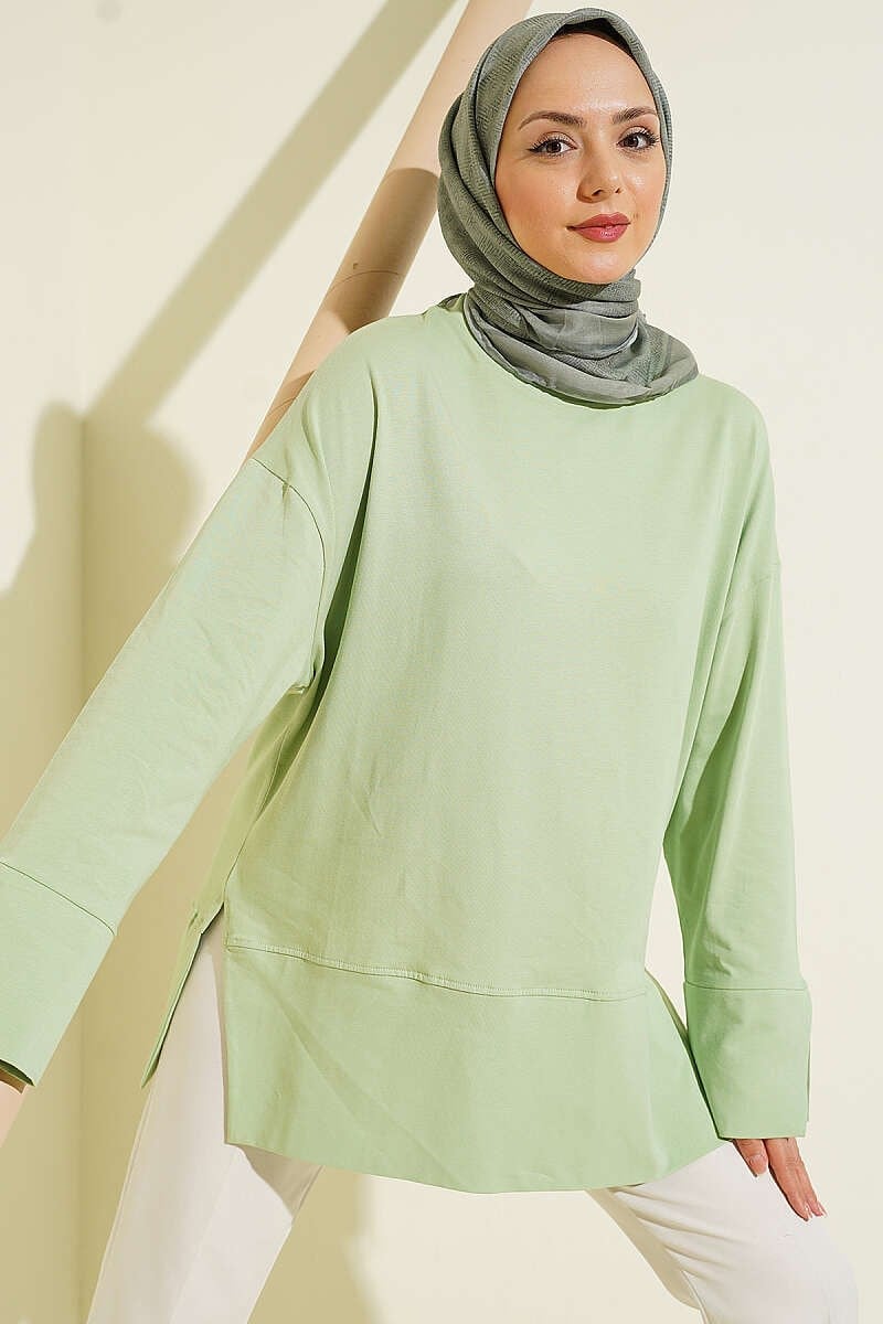 Yırtmaç Detaylı Basic Tunik Su Yeşili