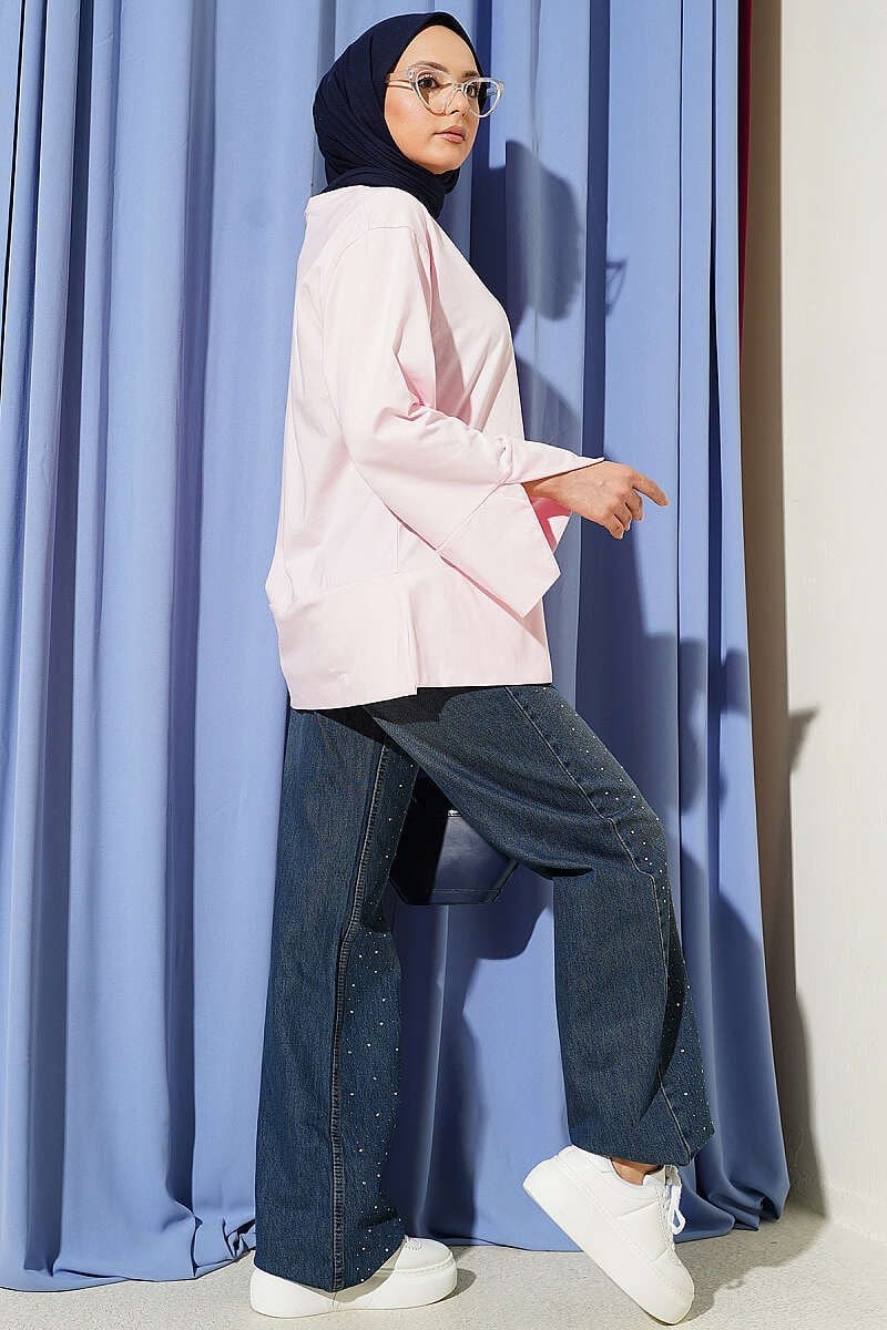 Yırtmaç Detaylı Geniş Kollu Tunik Pembe