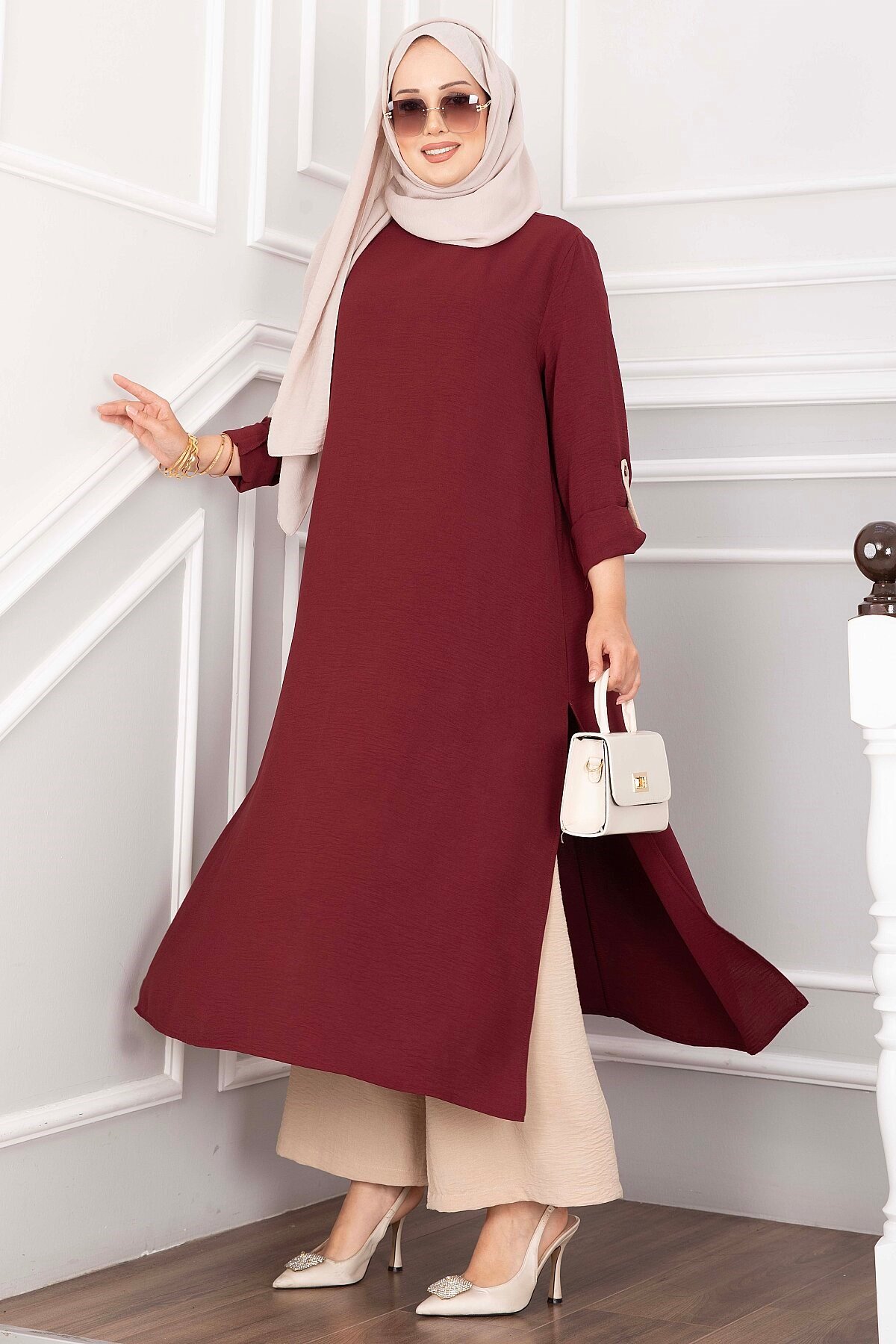 Yırtmaç Detaylı Uzun Tunik Pantolon Takım Bordo