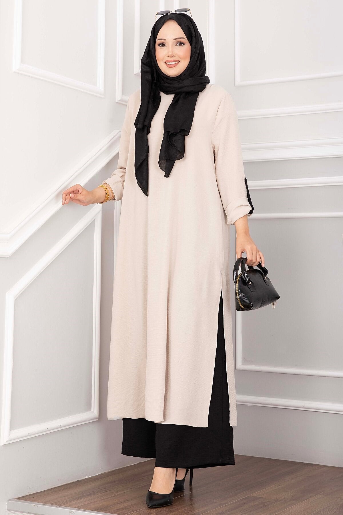 Yırtmaç Detaylı Uzun Tunik Pantolon Takım Taş
