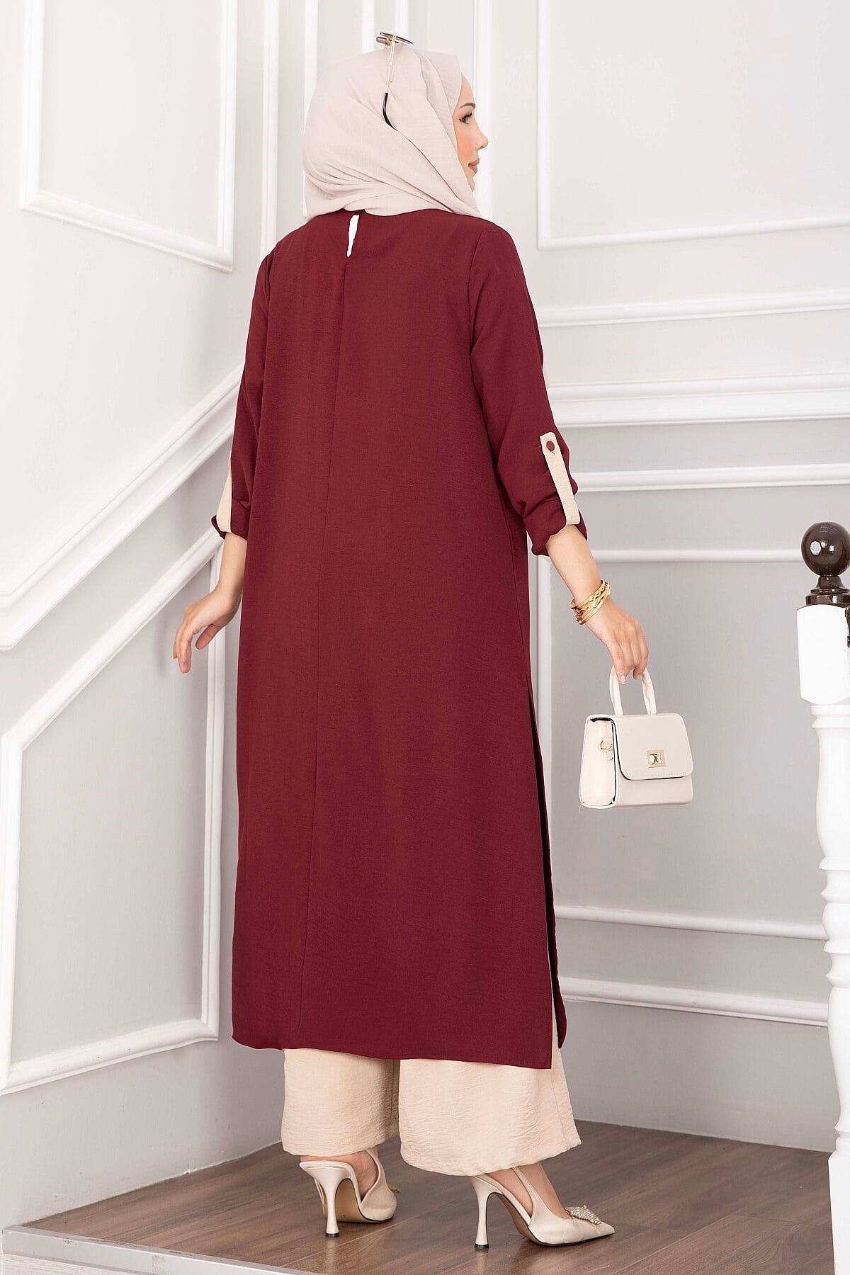 Yırtmaç Detaylı Uzun Tunik Pantolon Takım Bordo
