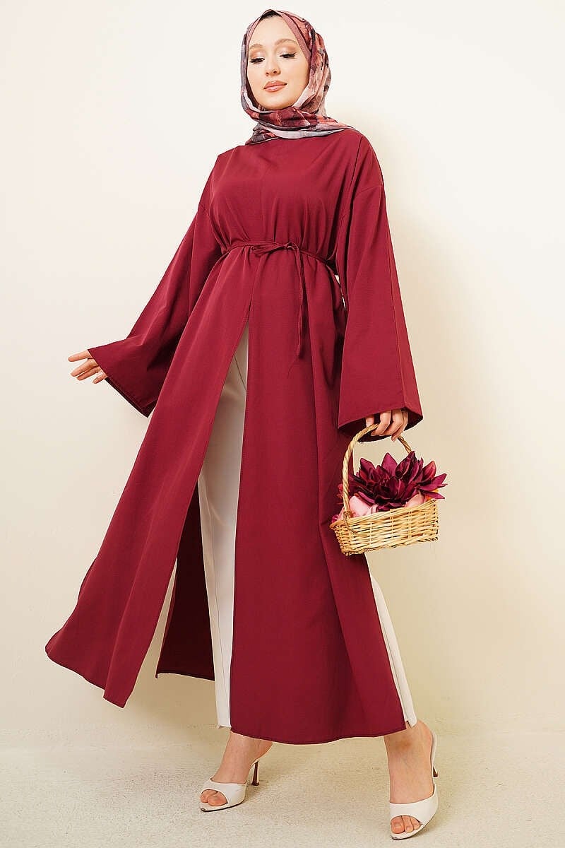 Yırtmaçlı İp Kuşaklı Uzun Tunik Bordo