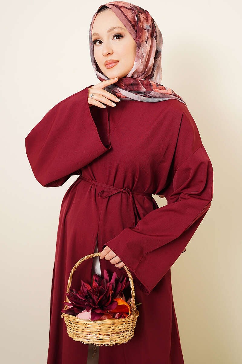 Yırtmaçlı İp Kuşaklı Uzun Tunik Bordo