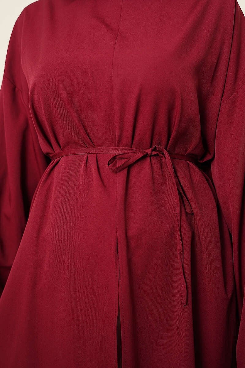 Yırtmaçlı İp Kuşaklı Uzun Tunik Bordo