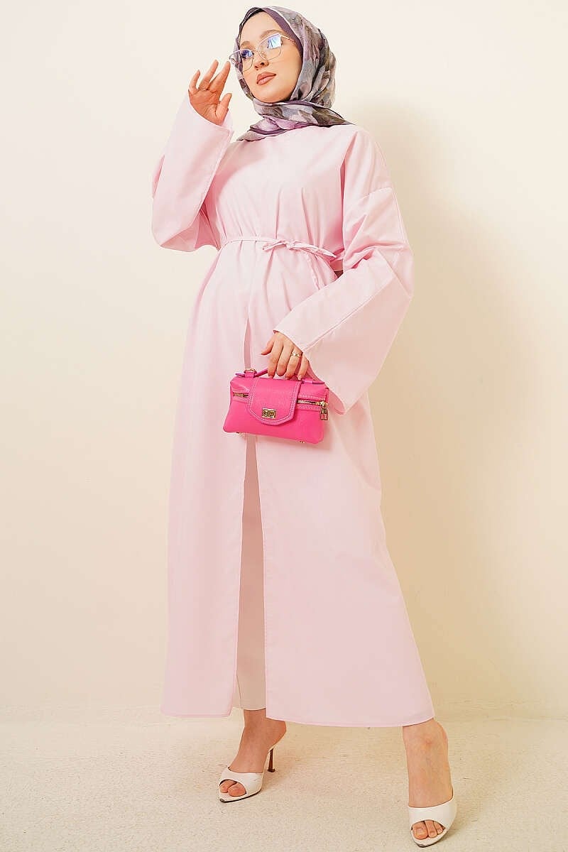 Yırtmaçlı İp Kuşaklı Uzun Tunik Pembe