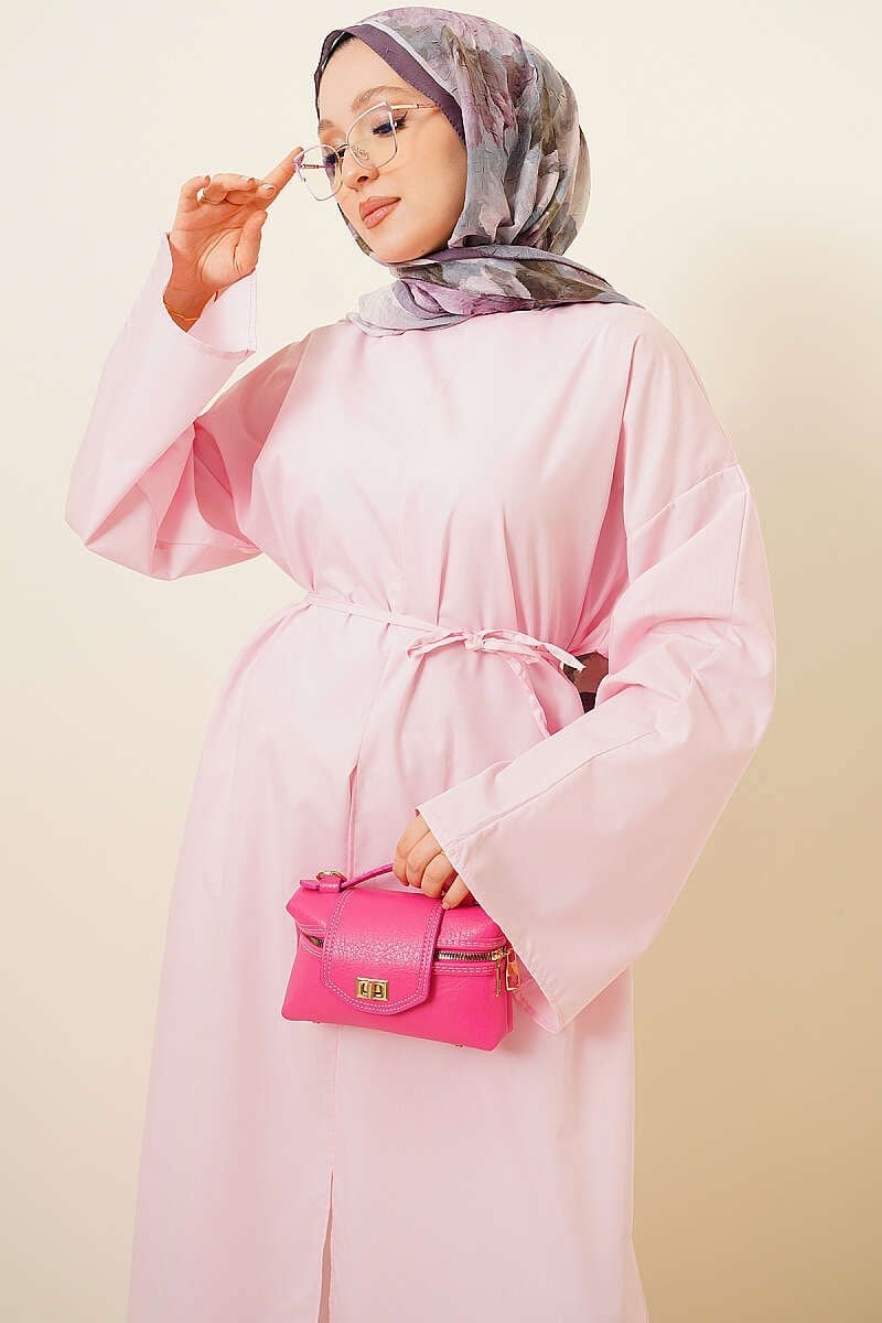 Yırtmaçlı İp Kuşaklı Uzun Tunik Pembe