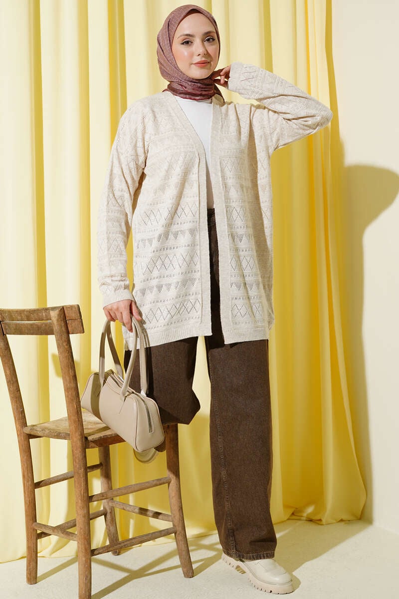 Zigzag Ajurlu Basic Triko Hırka Taş