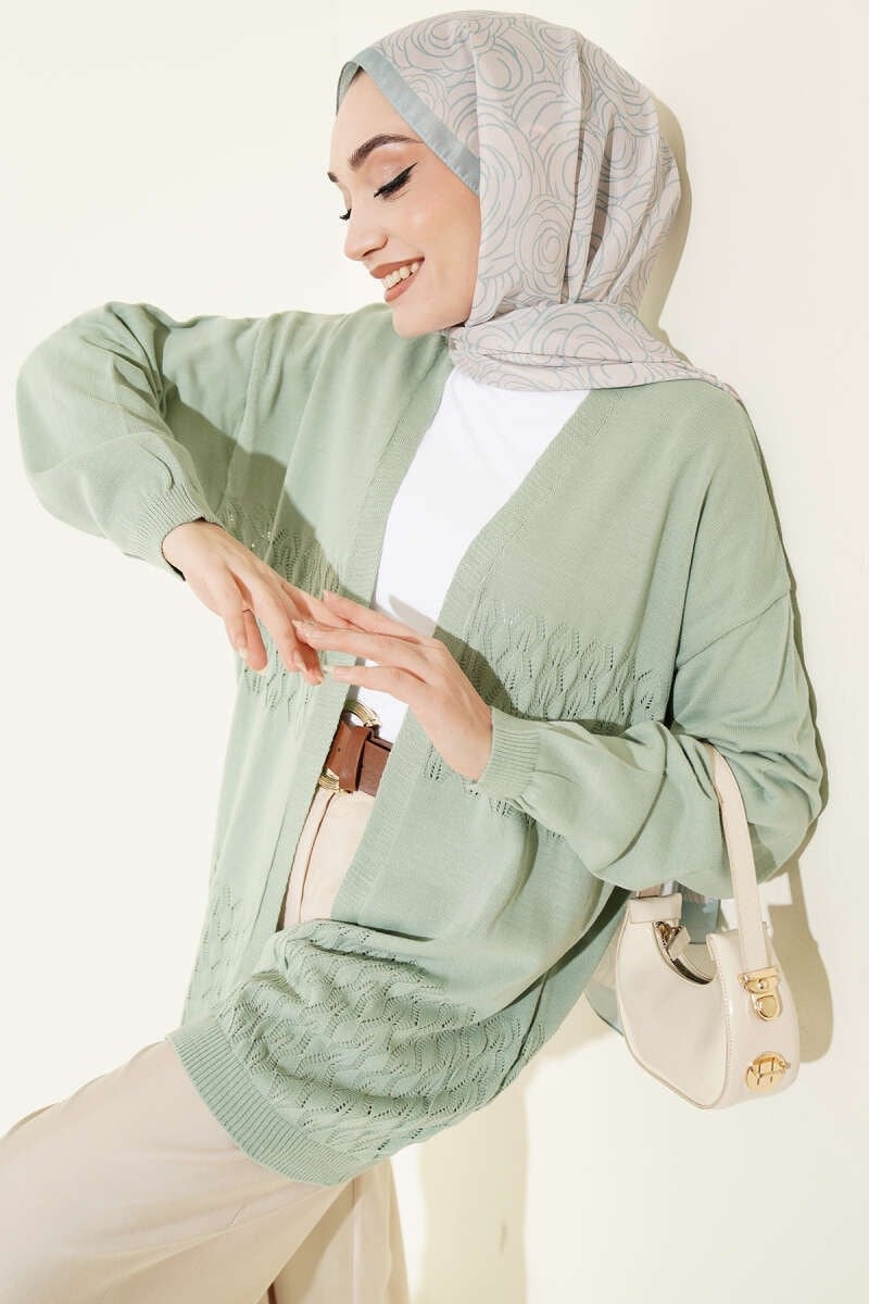 Zigzag Desenli Triko Basic Hırka Mint