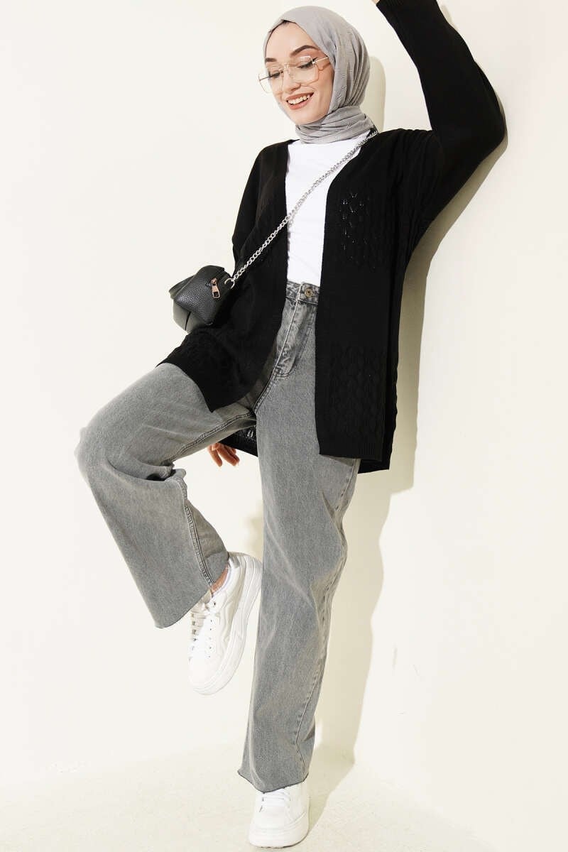 Zigzag Desenli Triko Basic Hırka Siyah