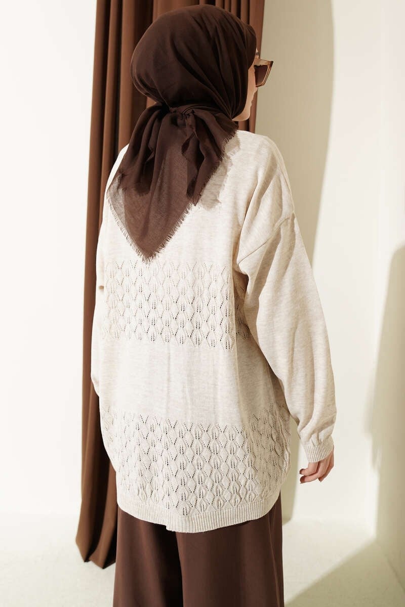 Zigzag Desenli Triko Basic Hırka Taş