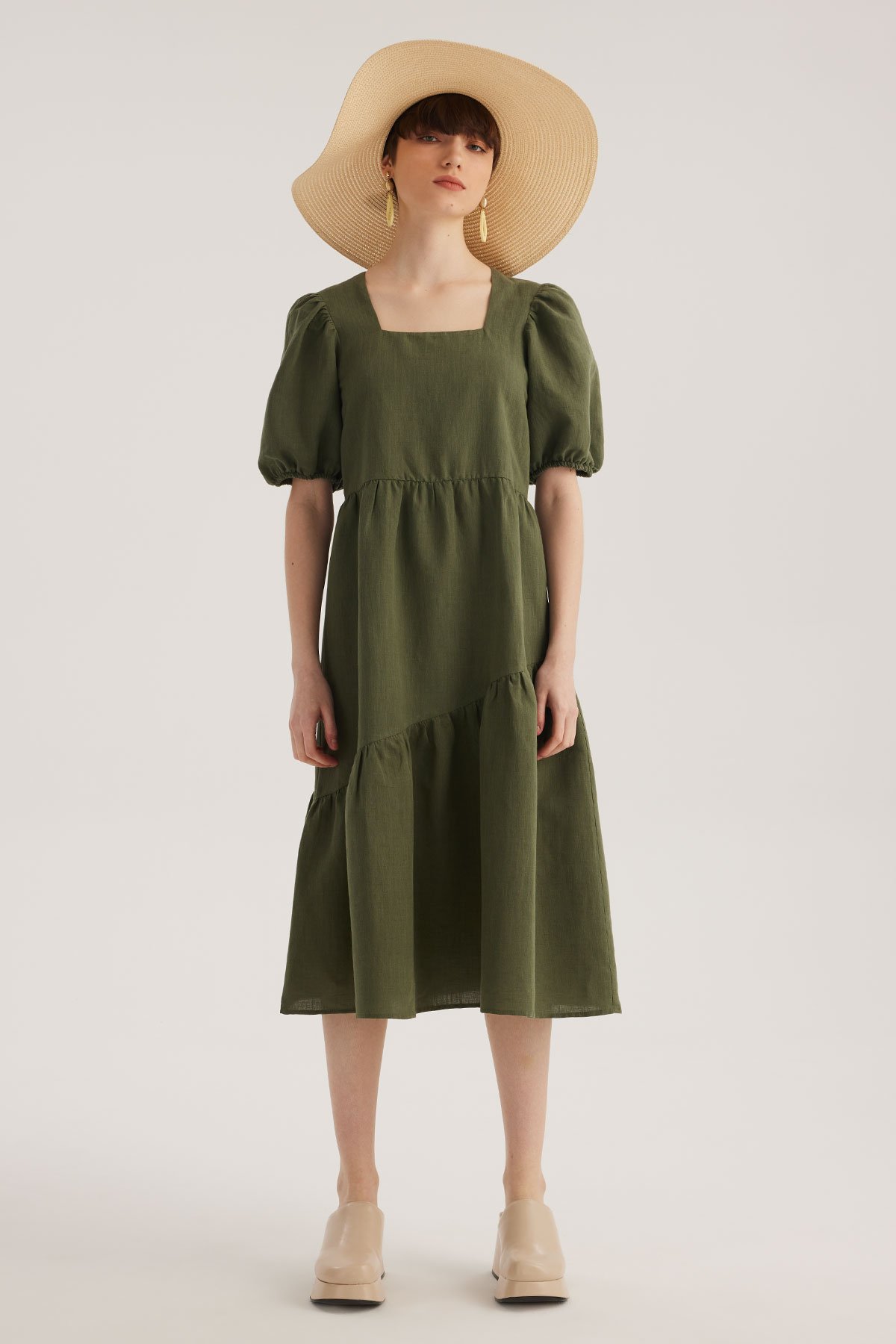 Khaki Linen Blend Square Neck Maxi Dress With Gathering