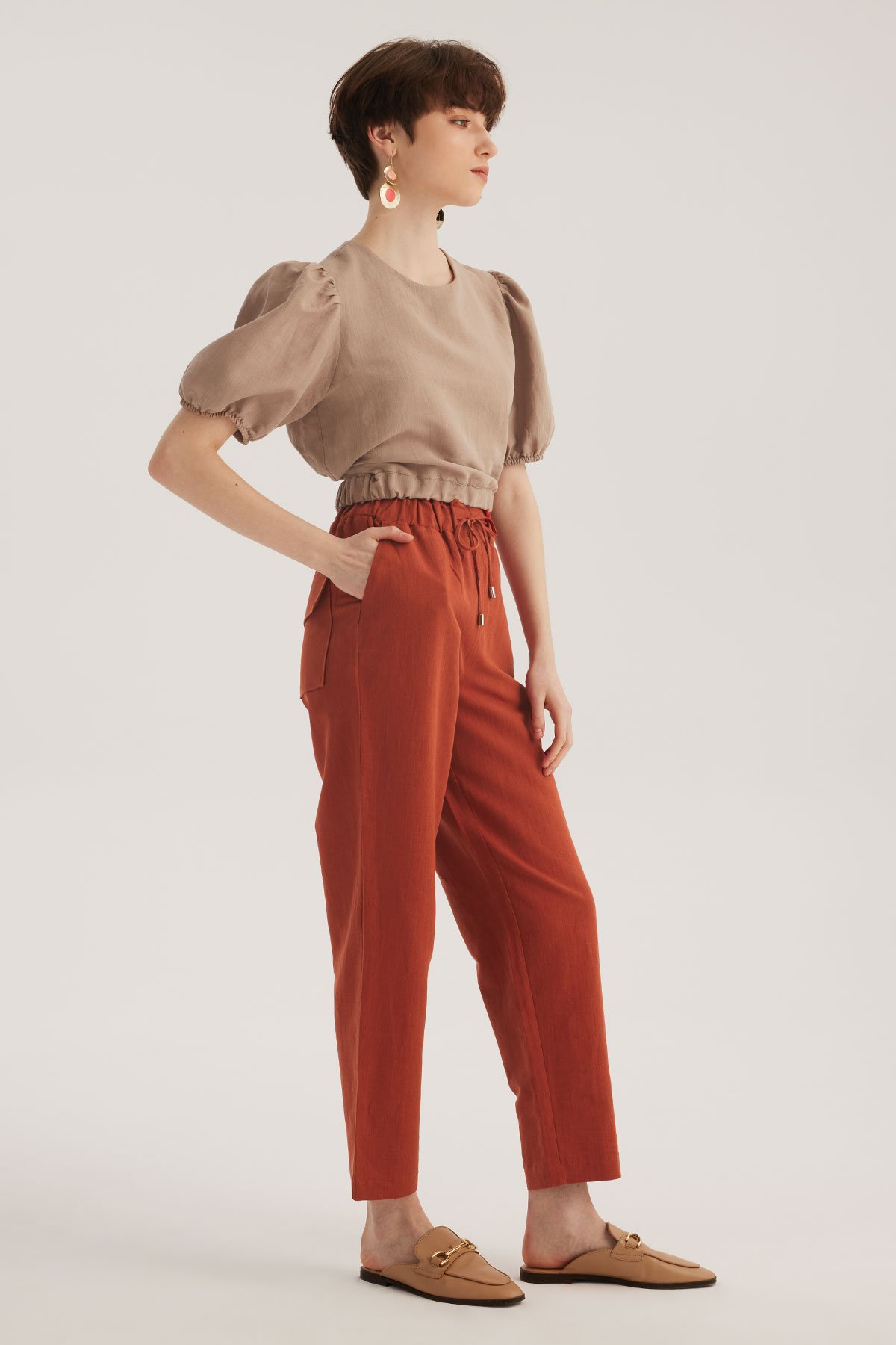 Brick Color Linen Blend High Waist Paperbag Trousers