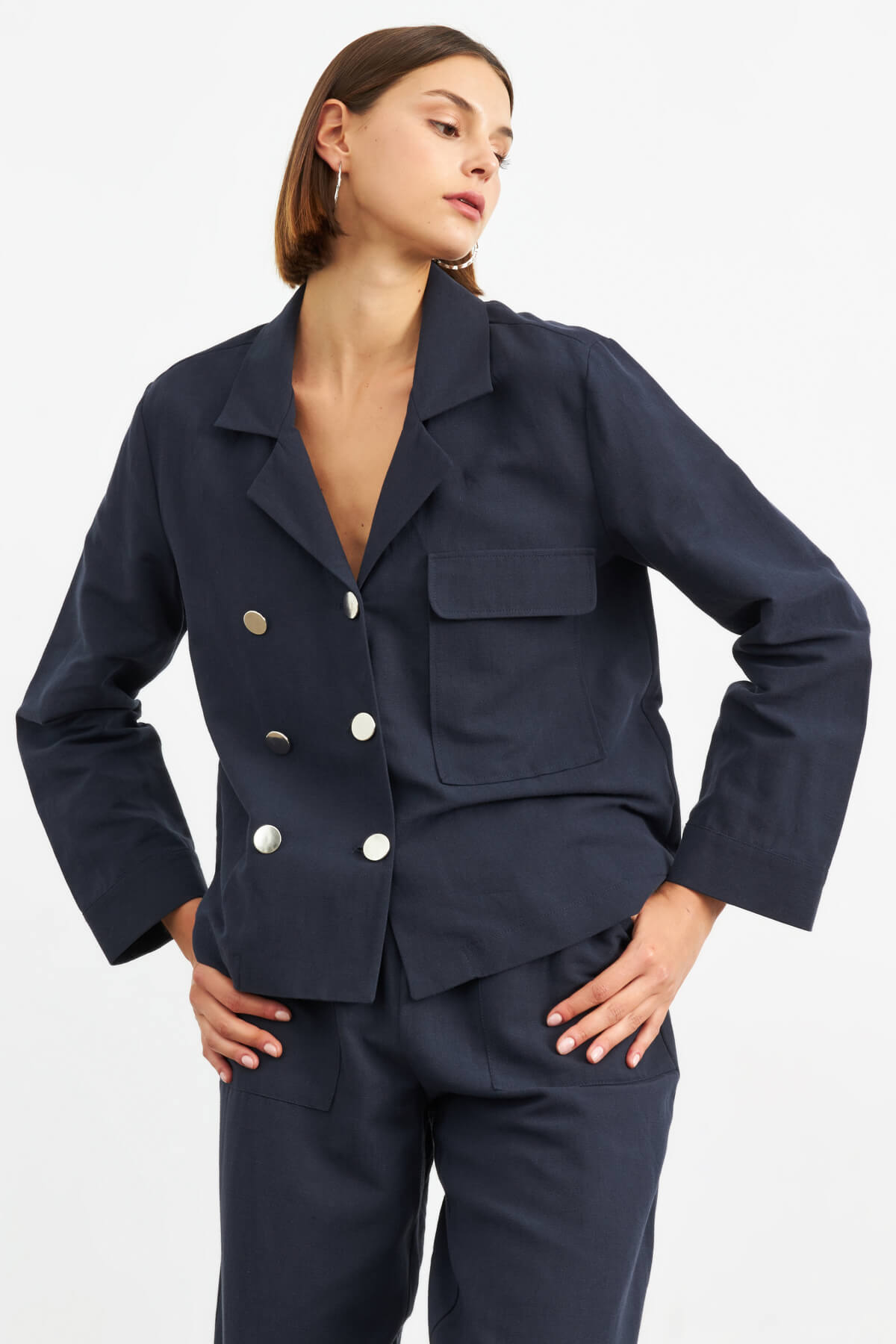 Navy Blue Open Collar Unlined Linen Jacket