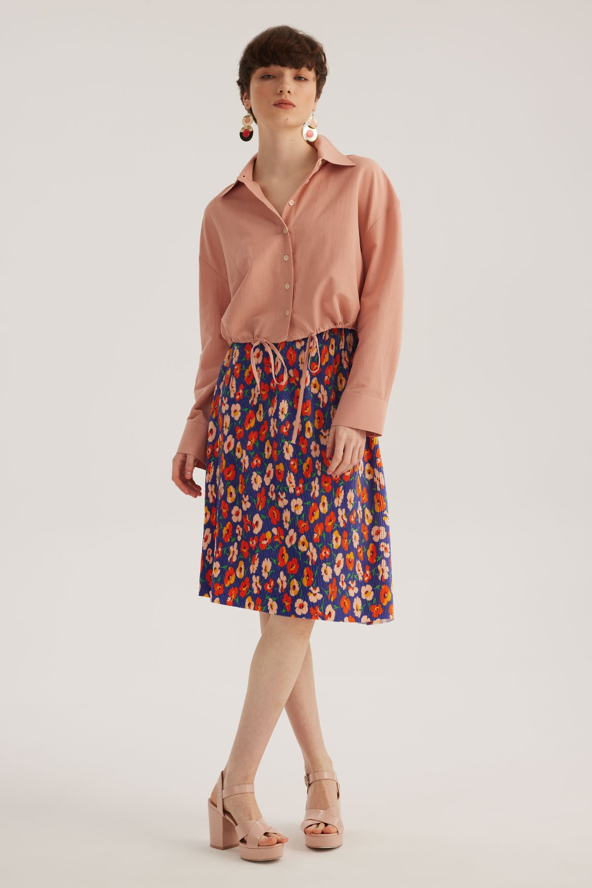 Purple Floral Printed Pleated Midi Skirt