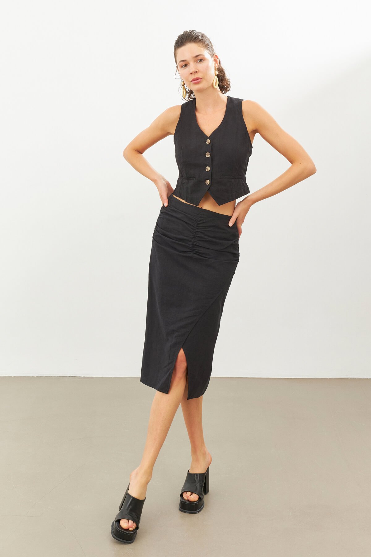 Black Linen Midi Skirt With Gathering
