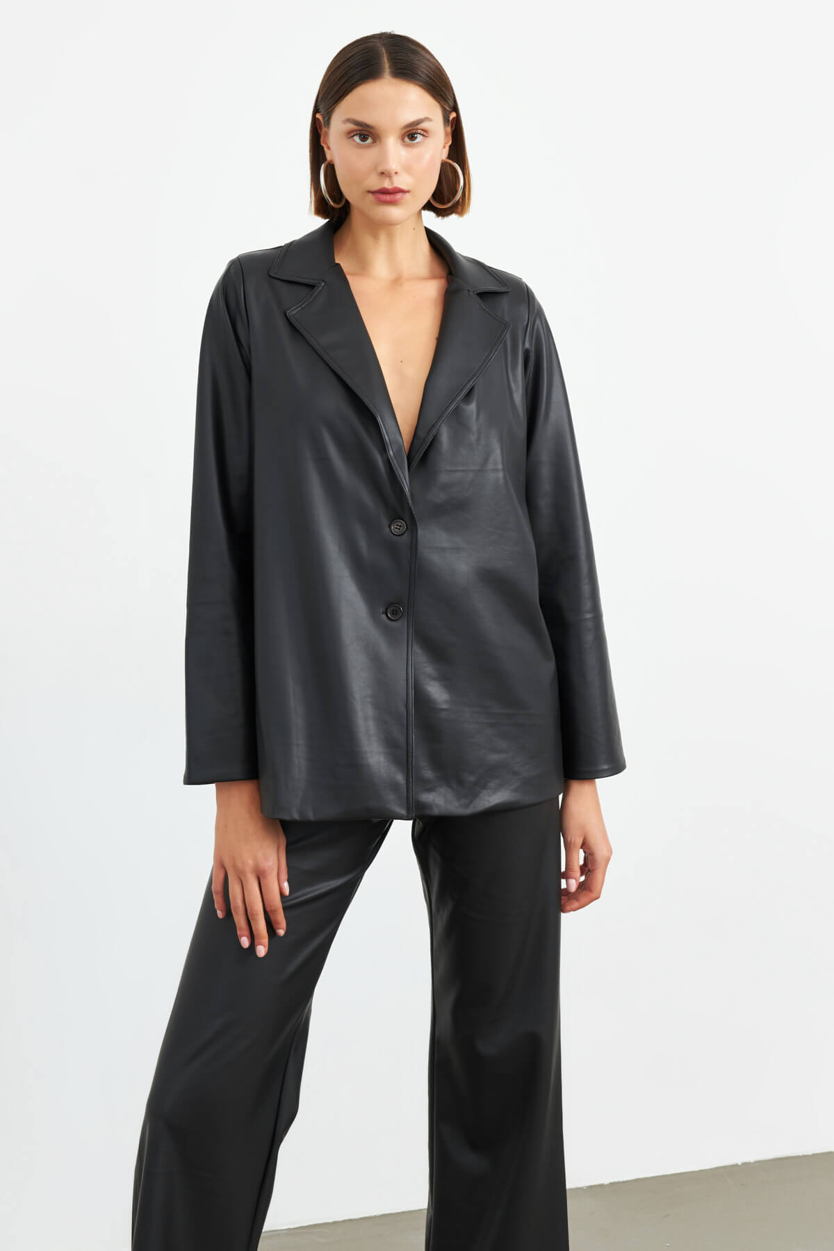 Black Faux Leather Lined Classic Blazer Jacket